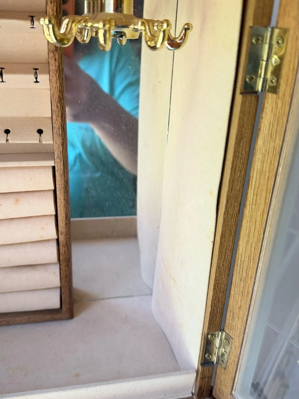 Vintage Wooden Jewelry Armoire with Floral Glass Doors